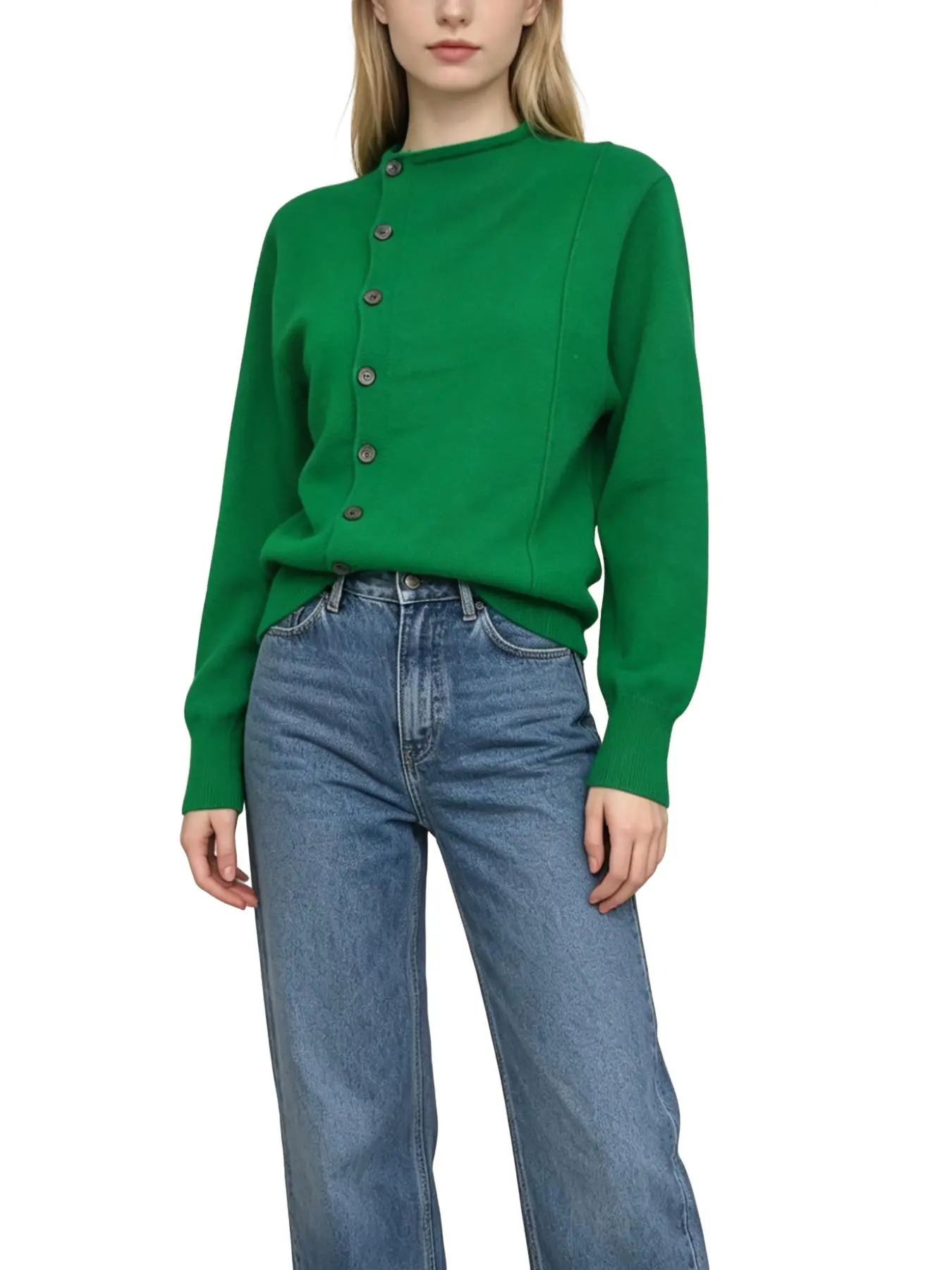 Women's Plain Half-Button Knit Cardigan, Loose-Fitting Asymmetrical Long Sleeve Sweater, Spring & Fall Casual Wear, Elegant Design