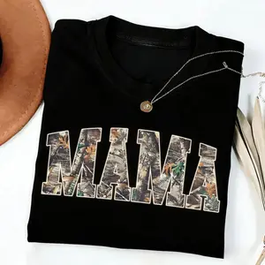 Camo Mama Graphic Tee for Women Black Cotton T-shirt Summer Casual Mother's Day Mom Gift