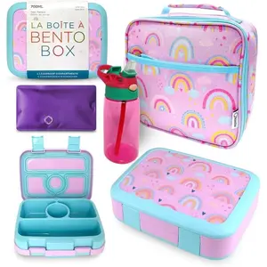 Bento Lunch Box with Insulated Bag, Water Bottle & Ice Pack Set for  , 4 Portion Sections, Removable Tray,  Girl    Lunches, Snack Container,  Rainbow