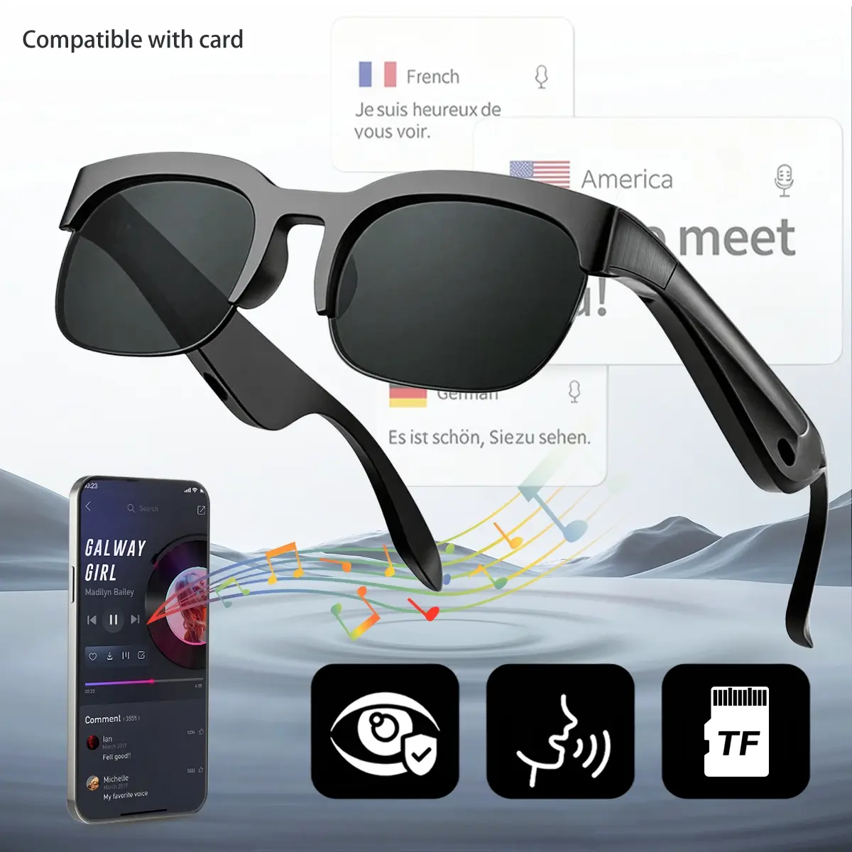AI Translation Smart Glasses, Open-Ear Bluetooth Audio Sunglasses, 130+Global Languages Translation，Voice Control, Hands-Free Calling, UV Protection for International Travel, Business Negotiations and Daily Communication