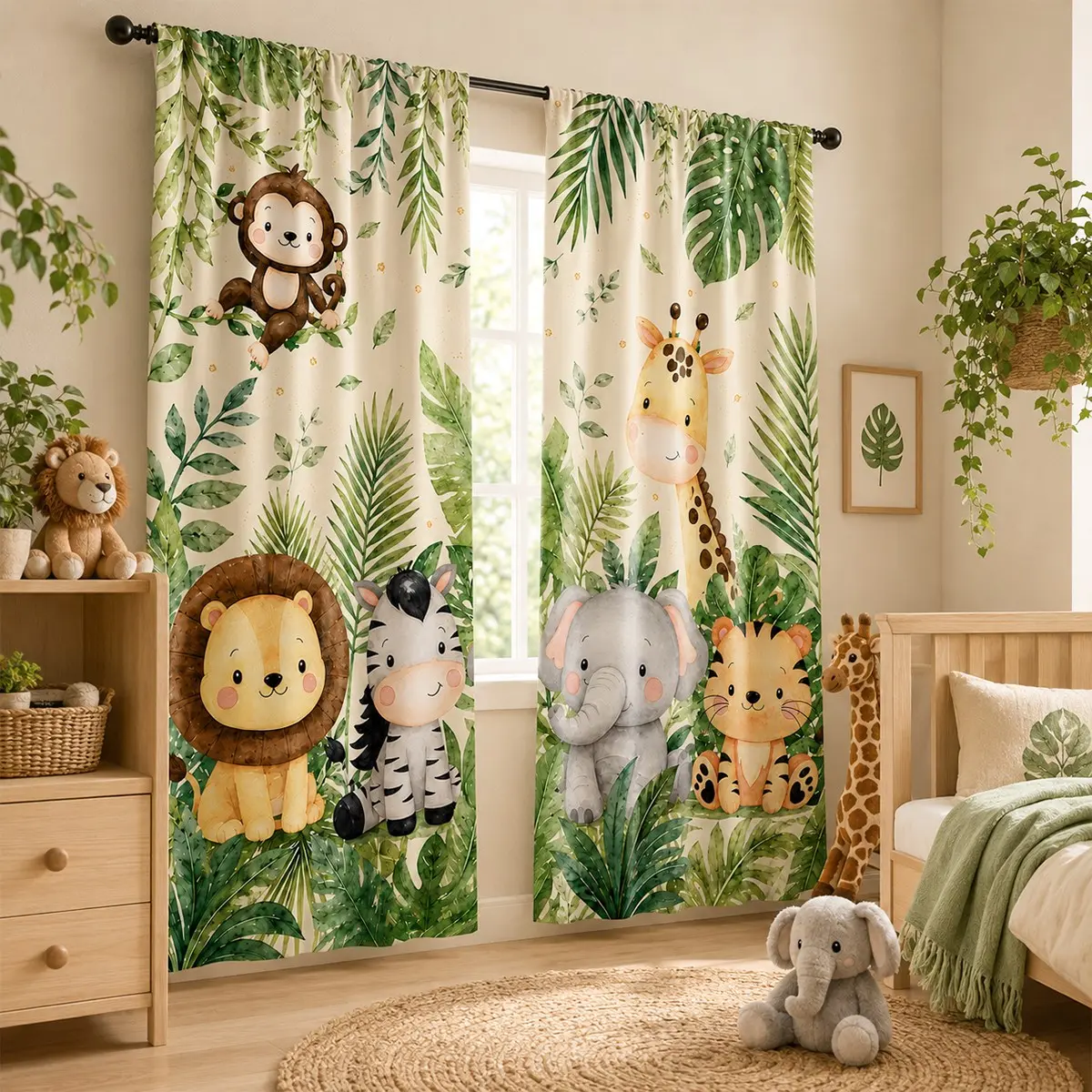 2pcs Cartoon Jungle Animal Curtains, Semi-Transparent Drapes for Kids' Room, Polyester Material, Pocket Rod Installation, Suitable for Living Room, Kitchen, Bedroom, Study