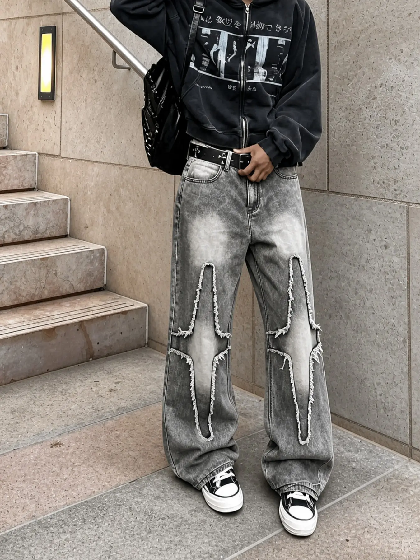 Mens Distressed Cross Fringe Patchwork Jeans Wide Leg Loose Streetwear Trousers