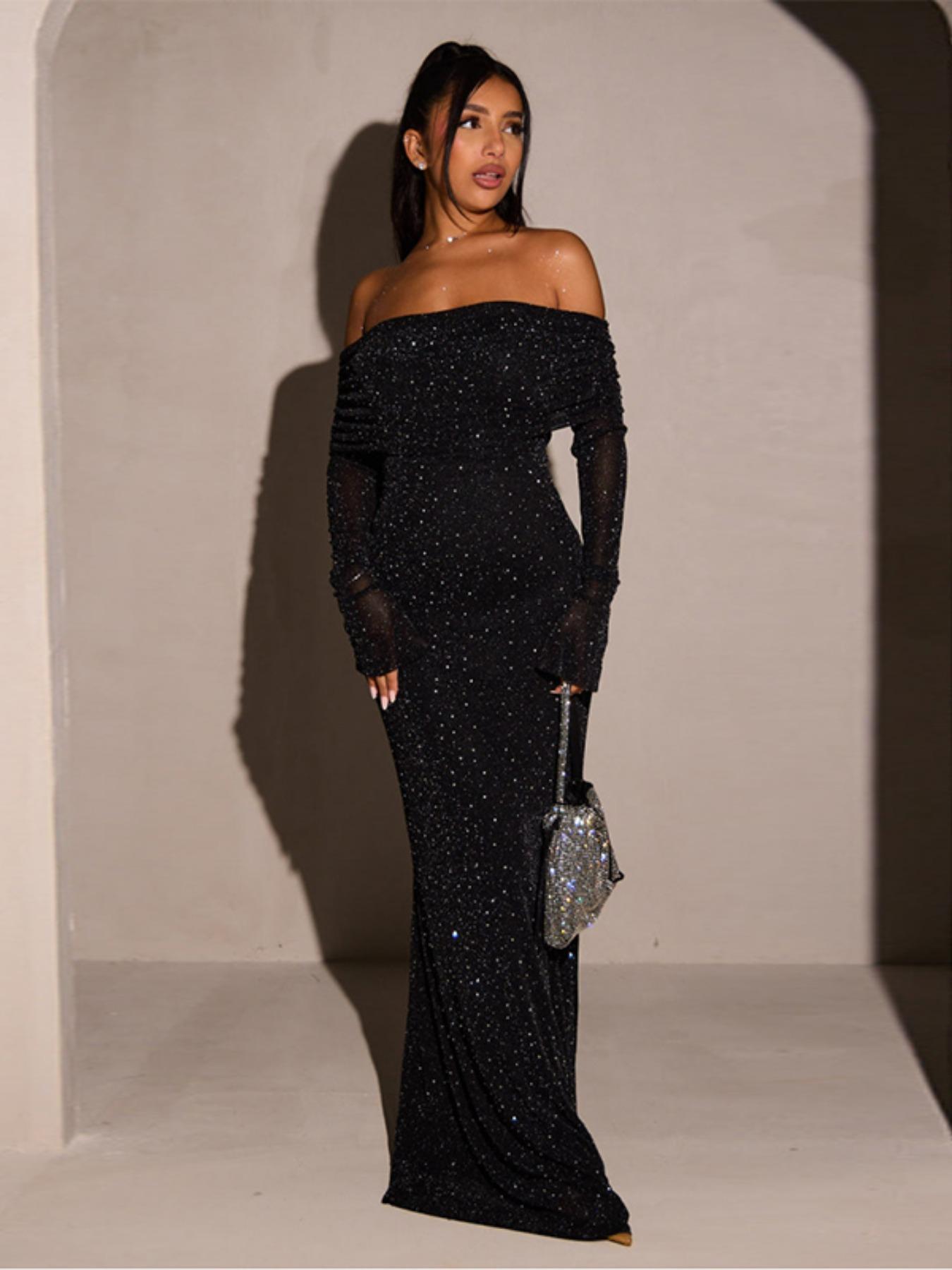 Women's Contrast Sequin Ruched Off Shoulder Mermaid Dress, Elegant Classy Long Sleeve Slim Maxi Dress for Party Evening Formal Occasions, Ladies' Clothes for All Seasons
