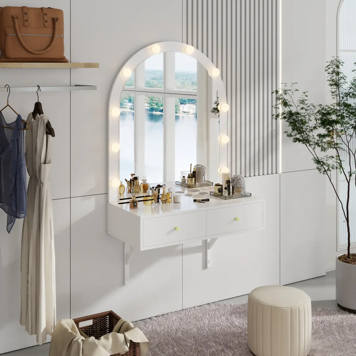White Wall-Mounted Floating Makeup Vanity Desk with 3-Color LED Lights, Power Outlet, Compact Design, Large Storage & Mirror WL
