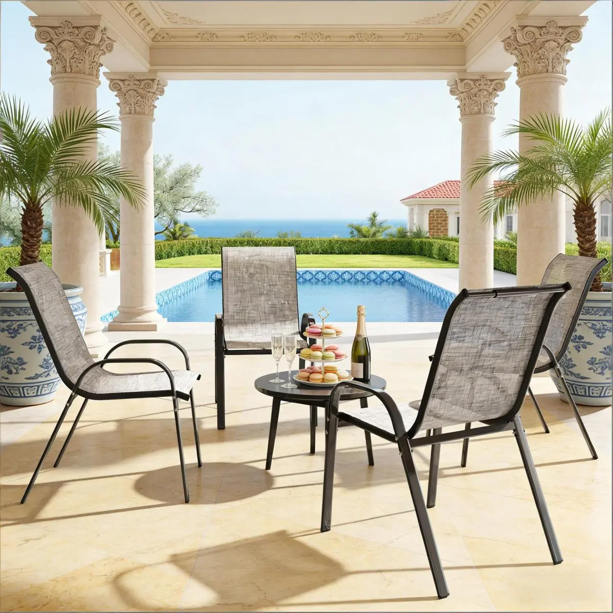 Aobtkel Stackable Outdoor Dining Chairs - Set of 4, 265lb Capacity, Breathable Mesh, Curved Arms, Easy Assembly, 4 Seats for Patio Use