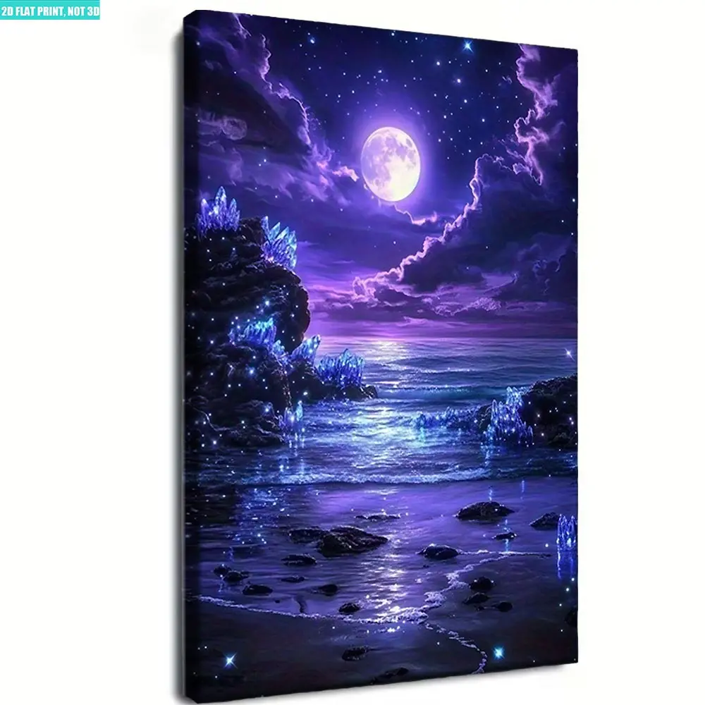 Framed Canvas Wall Art Painting Featuring Full Moon on Purple Luminous Beach, 1pc ready-to-hang versatile home decor, great decoration & gift for Christmas, Halloween, birthday, graduation and back-to-school seasons church unique art decoration