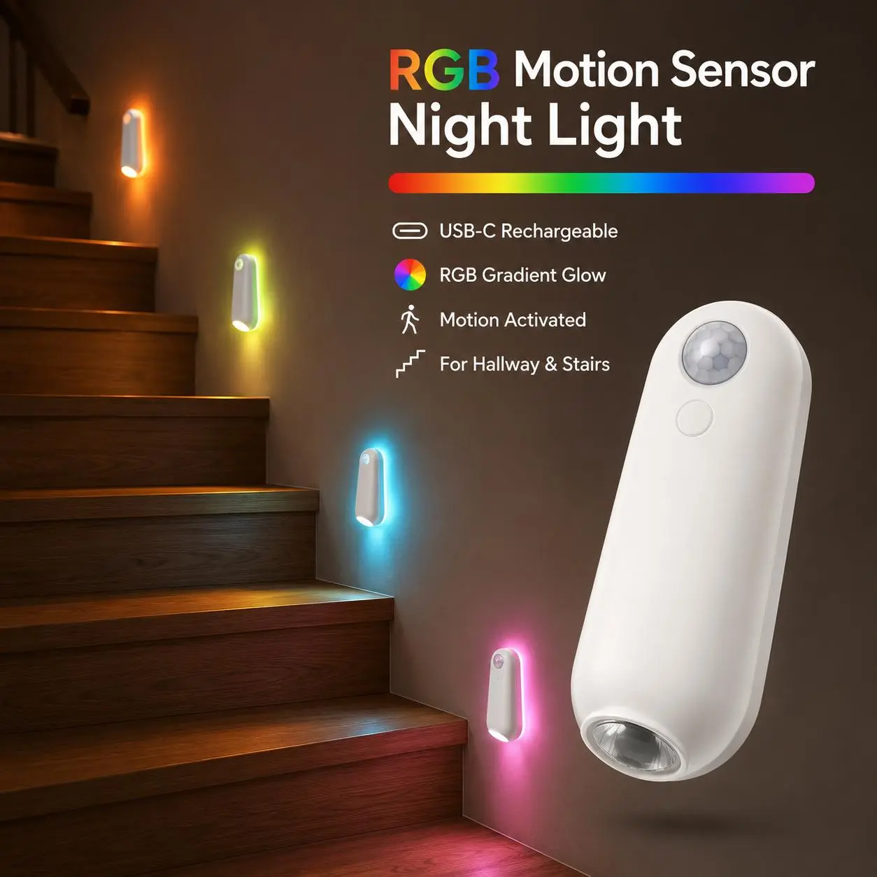 RGB Color Shift Motion Sensor Toilet Night Lamp, USB-C Rechargeable Wireless Bathroom Decor Light, Multipurpose Ambient Lighting Gadget for Washroom, Hall Corridors and Indoor Stairwells