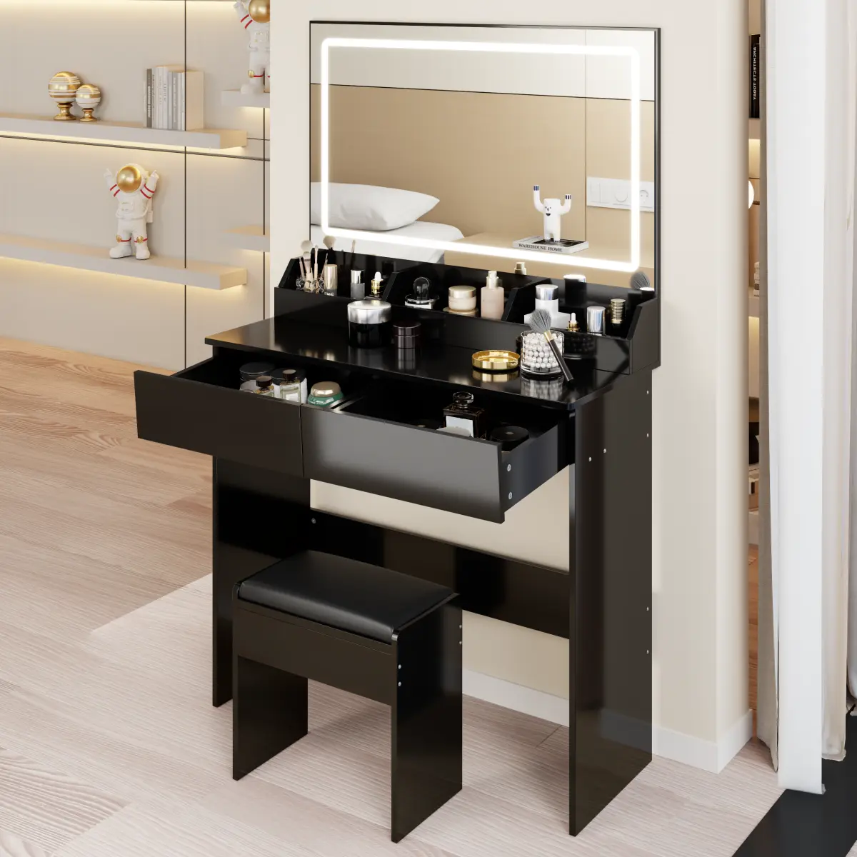 [Fahuac] MDF Wood Rectangular Minimalist Makeup Vanity Set - Complete Dressing Table with LED Mirror, Cushioned Stool, Grid Layout, American Style for Bedroom, Requires Assembly (Indoor Furniture)