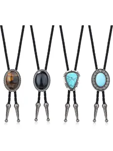 4 Pieces Bolo Tie for Men Western Cowboy Tie Natural Tiger Eye Leather Tie Costume Accessories for Men and Women