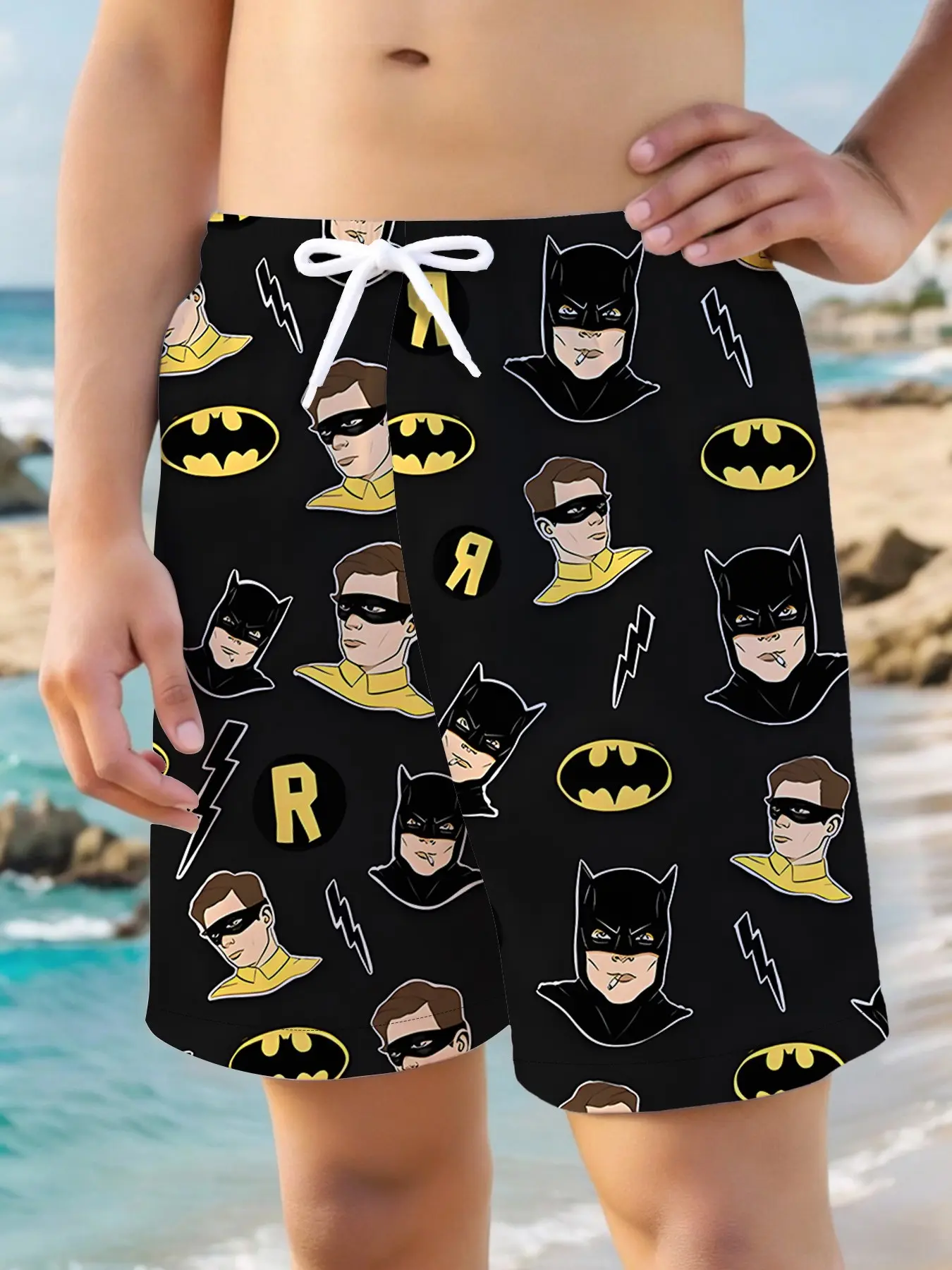 Warner Bros. Official Boys' Beach Shorts, Dc Comics Batman & Robin Print, Quick-Dry Drawstring, Outdoor Pool Party, Summer Back-To-School Trend