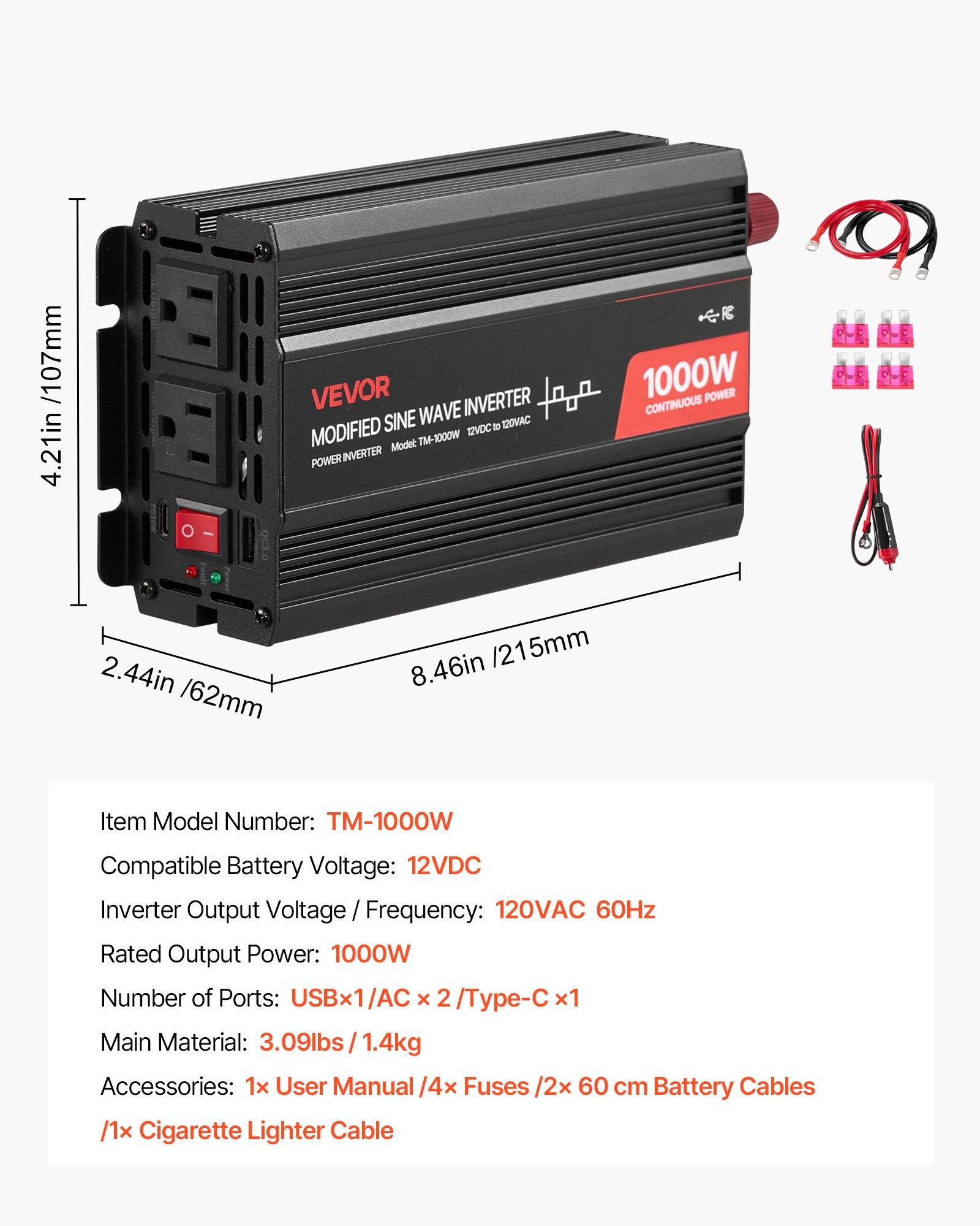 VEVOR 1000W Power Inverter, 12V DC to 120V AC Modified Sine Wave Inverter, Car Charger Converter with USB & Type-C Port, 2 AC Outlets, LED Indicator Light, Ideal for RV, Truck Outdoor Camping VEVOR 1000W Power Inverter, 12V DC to 120V AC Modified Sine Wave Inverter, Car Charger Converter with USB & Type-C Port, 2 AC Outlets, LED Indicator Light, Ideal for RV, Truck Outdoor Camping