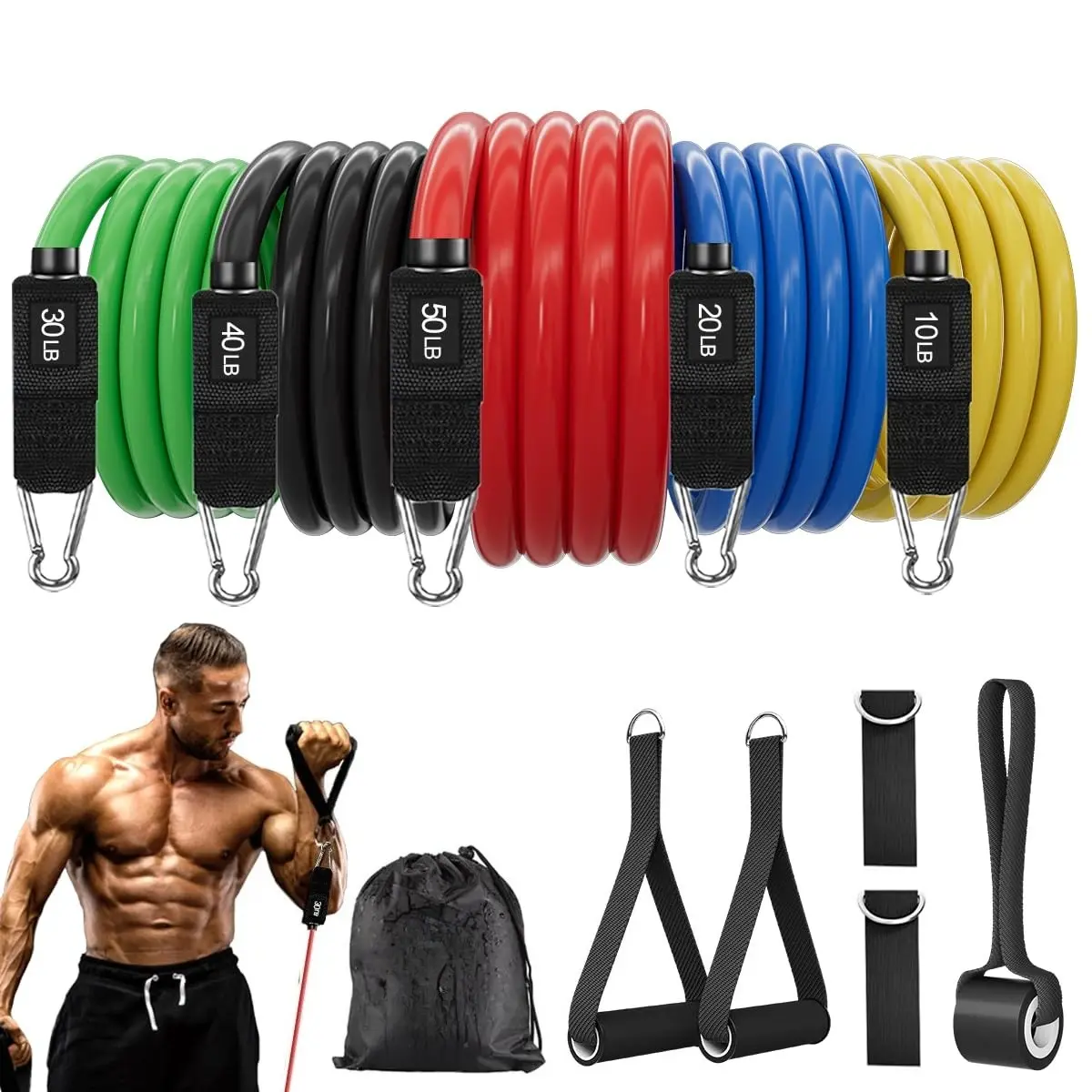 Resistance Bands, Exercise Bands, Workout Bands Set, Stretching Bands with Handles, Door Anchor and Ankle Straps, 5 Resistance Levels Fitness Bands for Strength Training, Physical Therapy, and Home Gym Equipment
