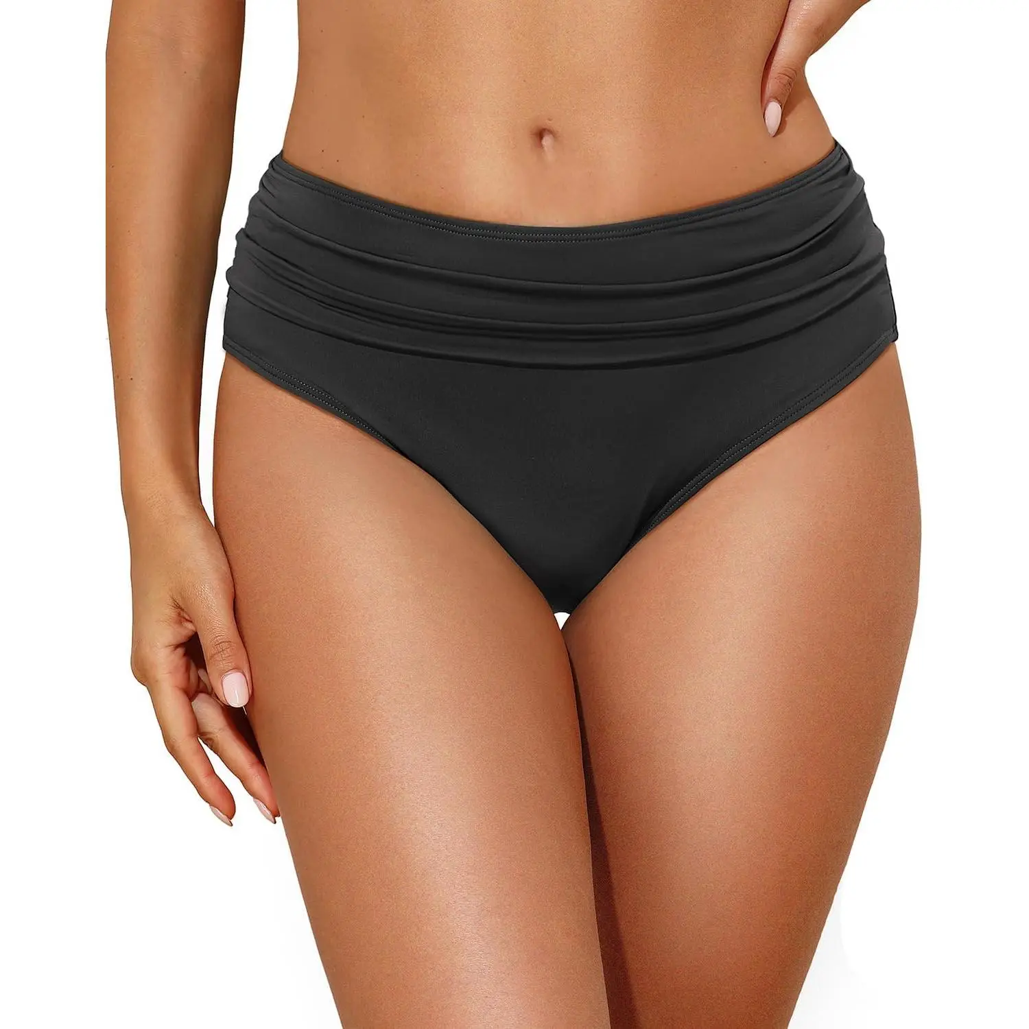 Women Mid Rise Bikini Bottoms Full Coverage Ruched Scrunch Swim Bottom 2026 |   Full Lining, Shirred, Mid Waist, Tummy Control, Scrunch Butt