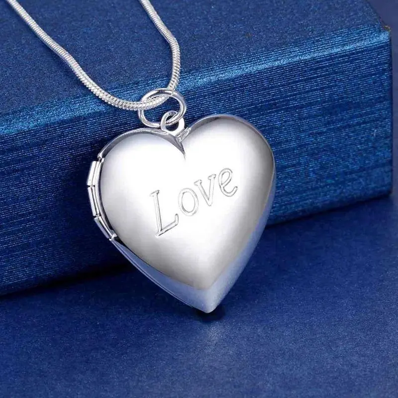 Women's 925 Silver Photo Frame Pendant Necklace with Snake Chain - Wedding Fashion Charm Jewelry LN072