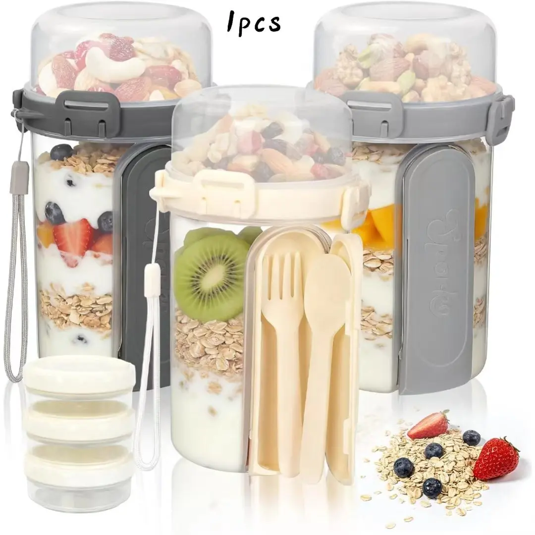 Portable Overnight Oat Jar with Lid, Dual-Layer Yogurt Cup, Dry-Wet Separation, Sealed Oat Jar with Spoon and Fork, Convenient Breakfast Container