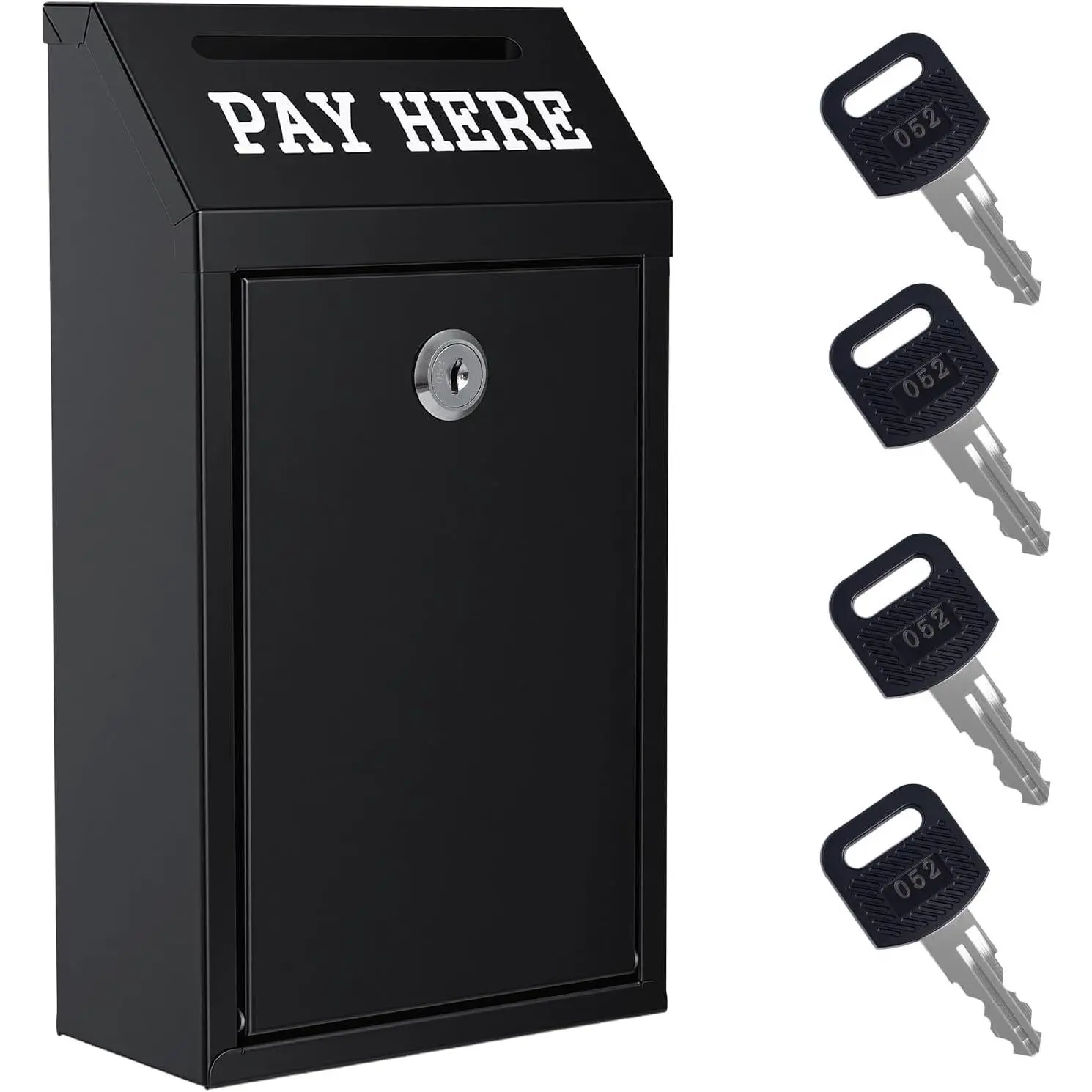 Locking  Box with Slot, Metal  Donation Box with Lock and 4  Wall Mount,  Drop for Farm Stand, Self-Serve Stand, Tips, Fundraising, 10.24" x 5.7" x 2.95", Black