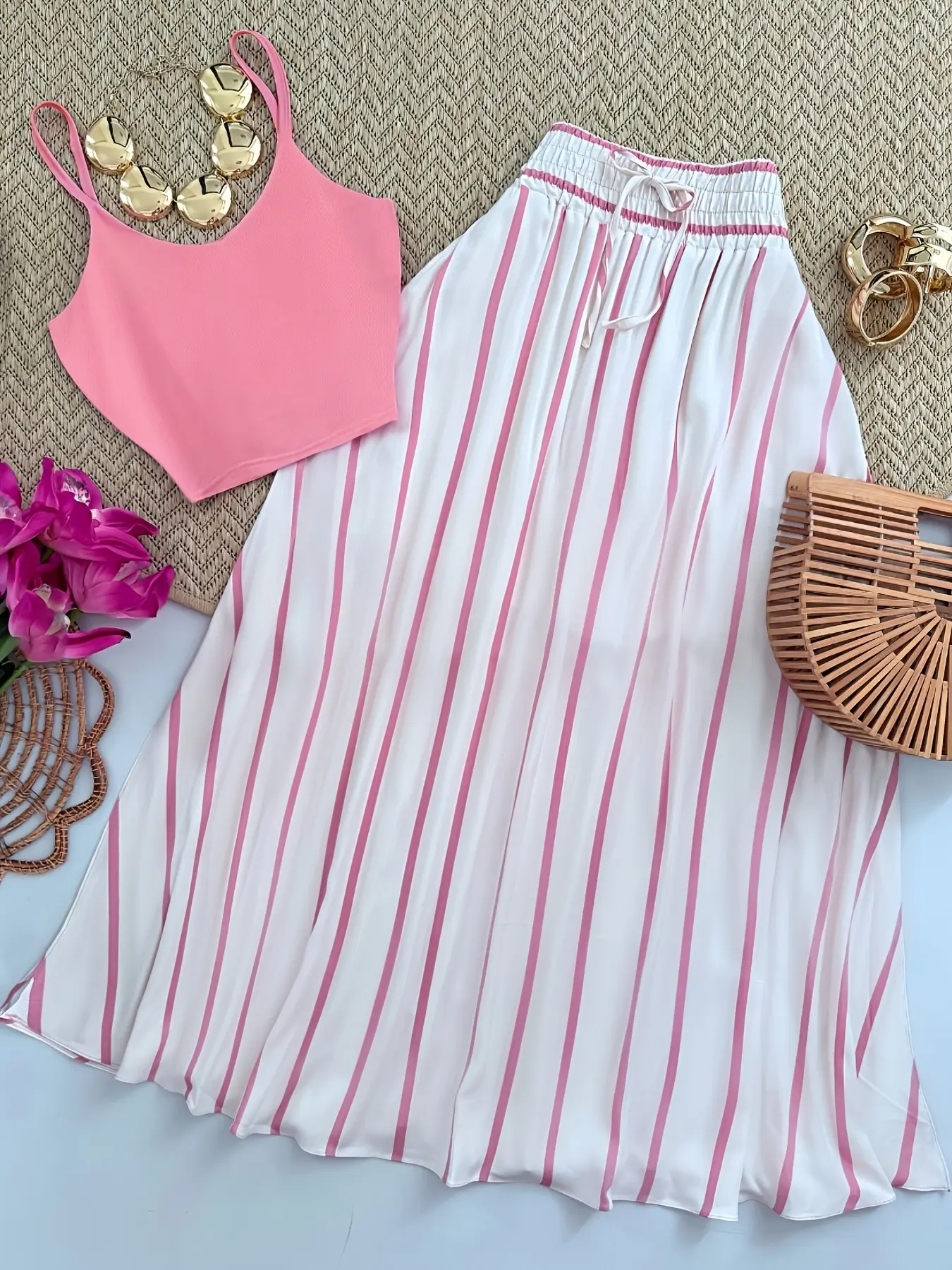 Women's New Season Fashion Camisole Top and Striped Print Skirt Set, French Vintage Style, Perfect for Vacation, Two-Piece, Matching Sets