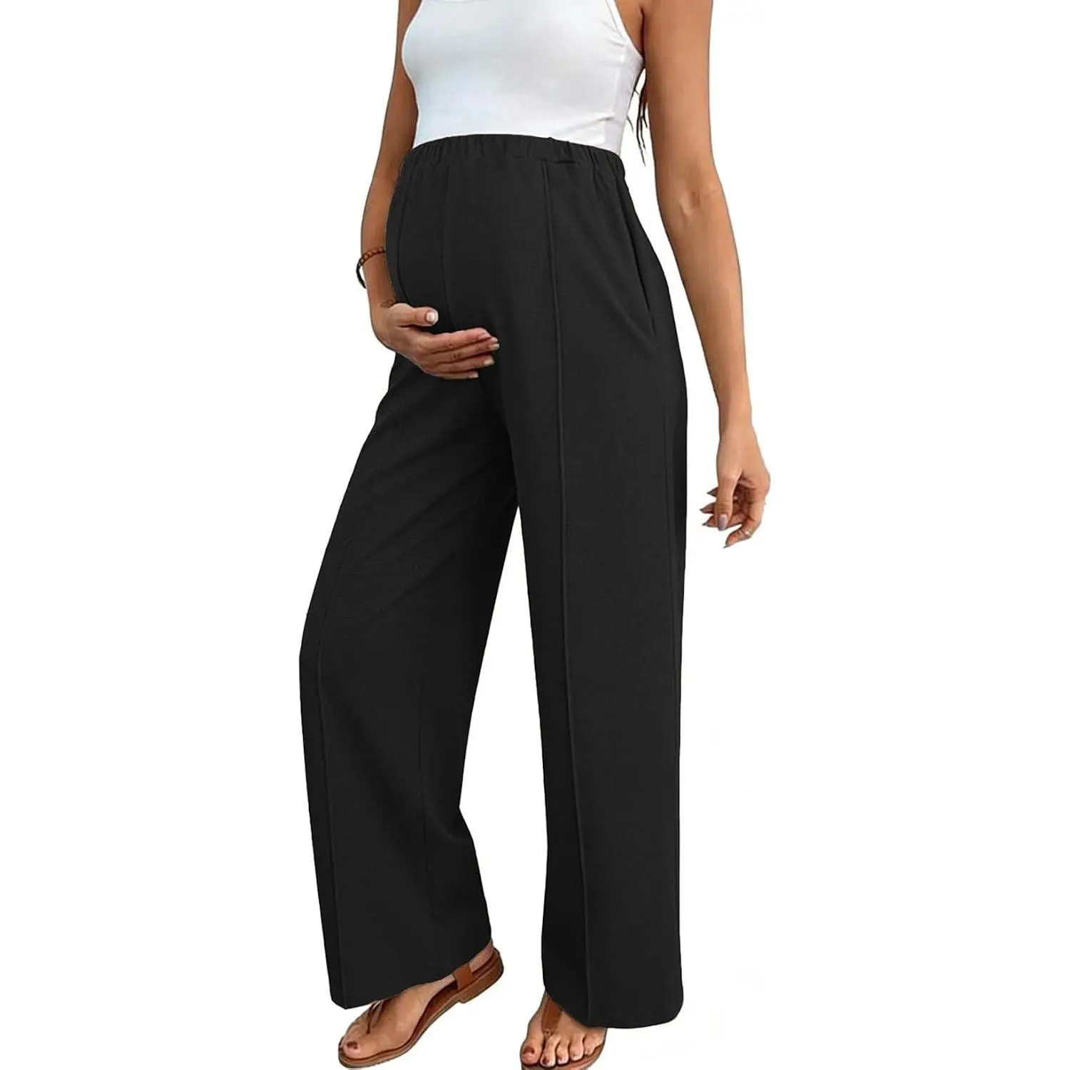 Maternity Pants Work High Waisted Wide Leg Waffle Knit Trousers | Adjustable Elastic Waist,Pockets,Dressy Casual Maternity Pants for Office,Fall Pregnancy Clothes Postpartum Outfits for Women