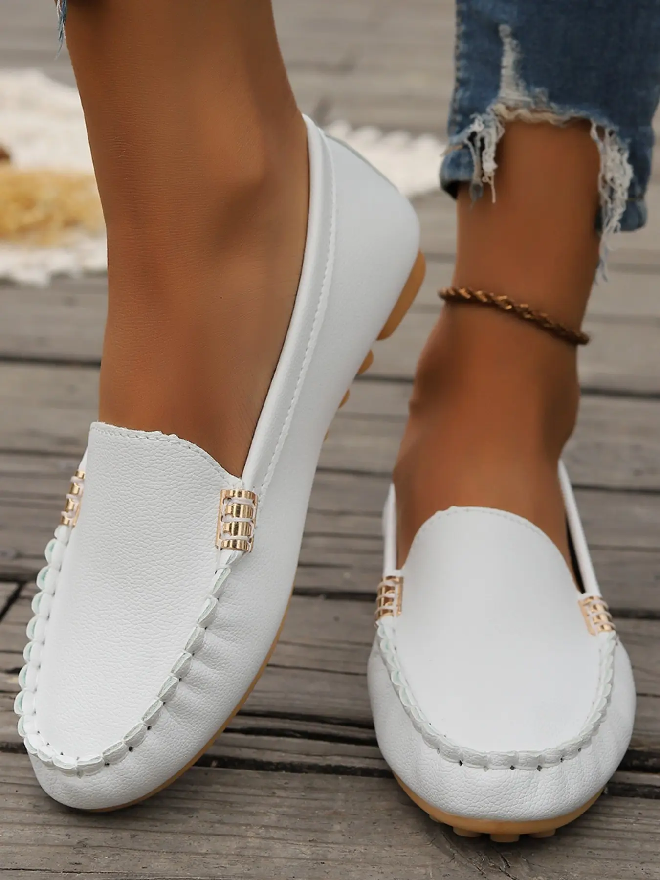 Women's Fashion Plain Color Slip-On PU Leather Round Toe Loafers, Comfortable Casual Flat Shoes, Lightweight Breathable Footwear
