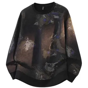 Men's Oversized Abstract Ink Dye All-Over Print Crew Neck Drop Shoulder Longsleeves Sweatshirt - Curved Hem, Heavyweight Textured Knit Fabric, Street Style Distressed Menswear for Daily Commuter Casual Wear #SummerWins#fathersdaygift
