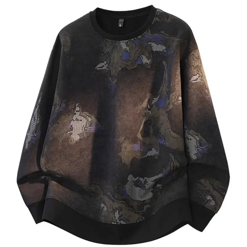 Men's Baggy Oversized Abstract Ink Dye All-Over Print Crew Neck Drop Shoulder Longsleeve Sweatshirt Top - Curved Hem, Heavyweight Textured Knitwear Fabric, Street Style Distressed, Loose Fit for Daily Commuter Casual Wear #SummerWins#fathersdaygift, Tops,