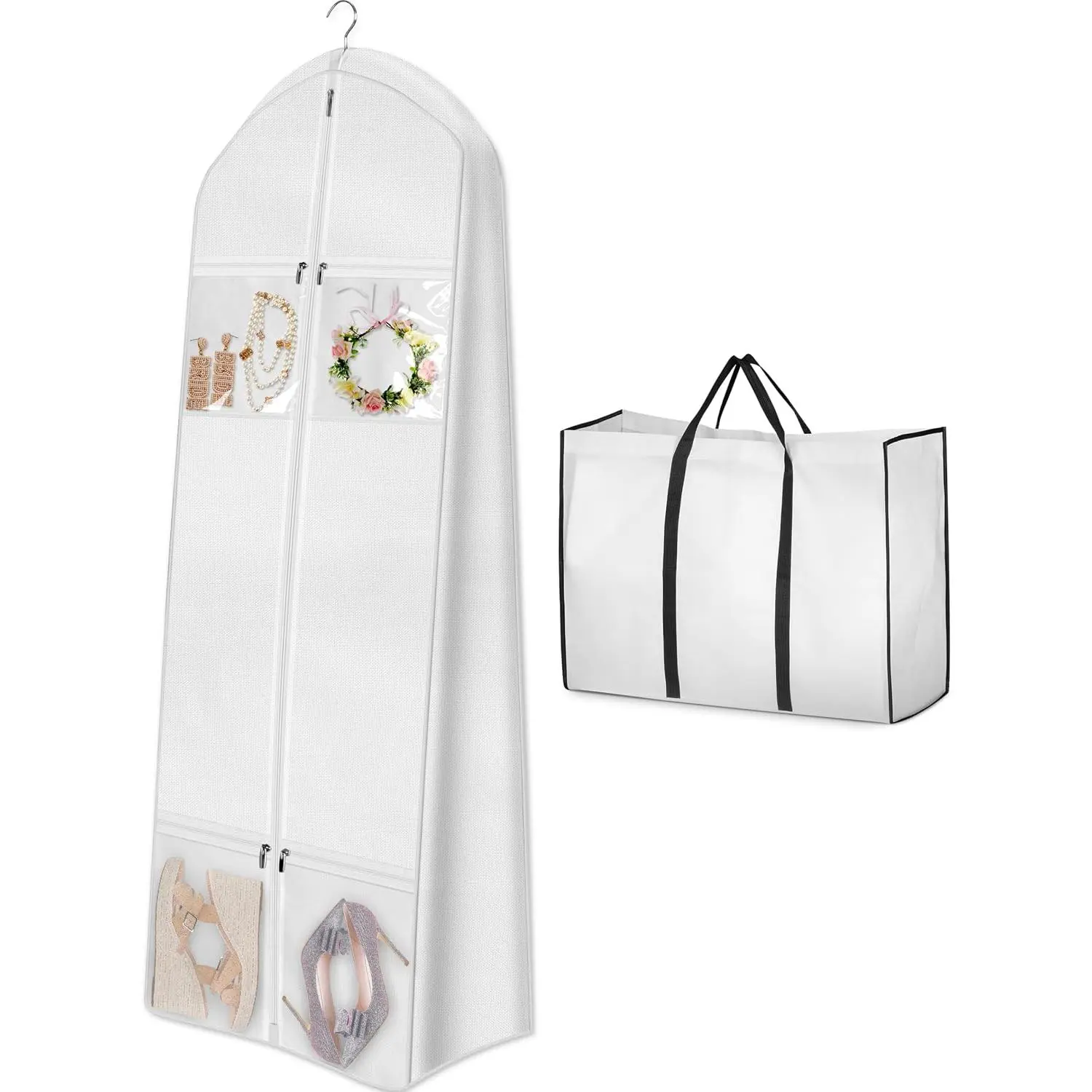 Portable 70" Wedding Dress Garment Bag with Bride Tote Bag 8'' Gusseted Dress Bags for Gowns Long 4 Pockets Dress Cover for Women, White