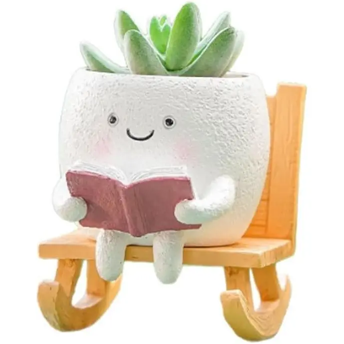 Cute Succulent Planter with Rocking Chair, White Smiling  Flower Pot with Drainage Hole, Hand-Painted   Pot for Indoor Outdoor, Reading Book Character Design(Excluding )