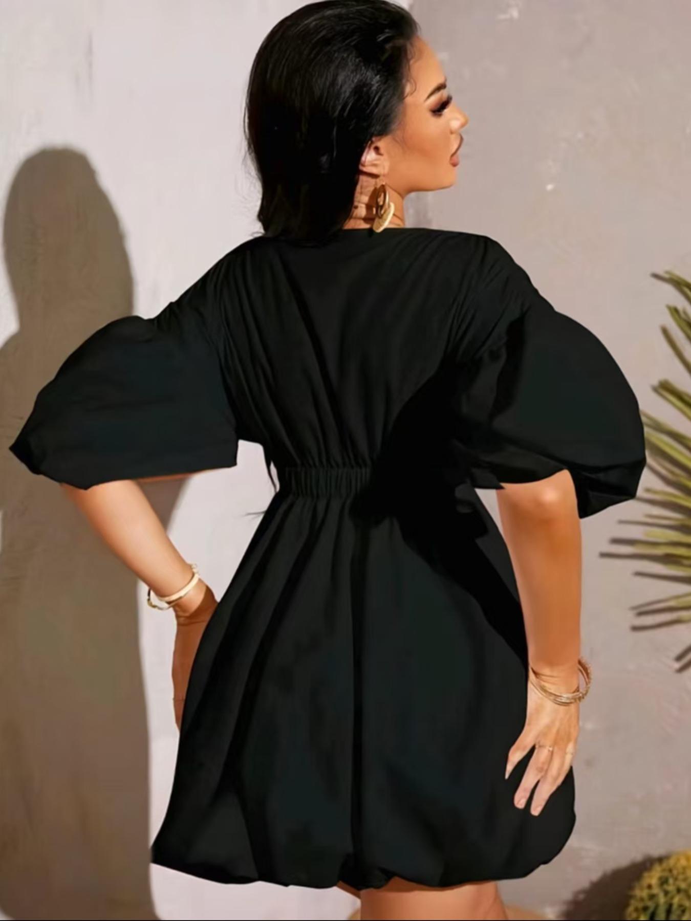 Women's Plain Puff Sleeve Deep V Neck Dress, Fashion Casual Short Sleeve A Line Mini Dress for Daily Outdoor Wear, Women Dress for Spring Fall, Womenswear