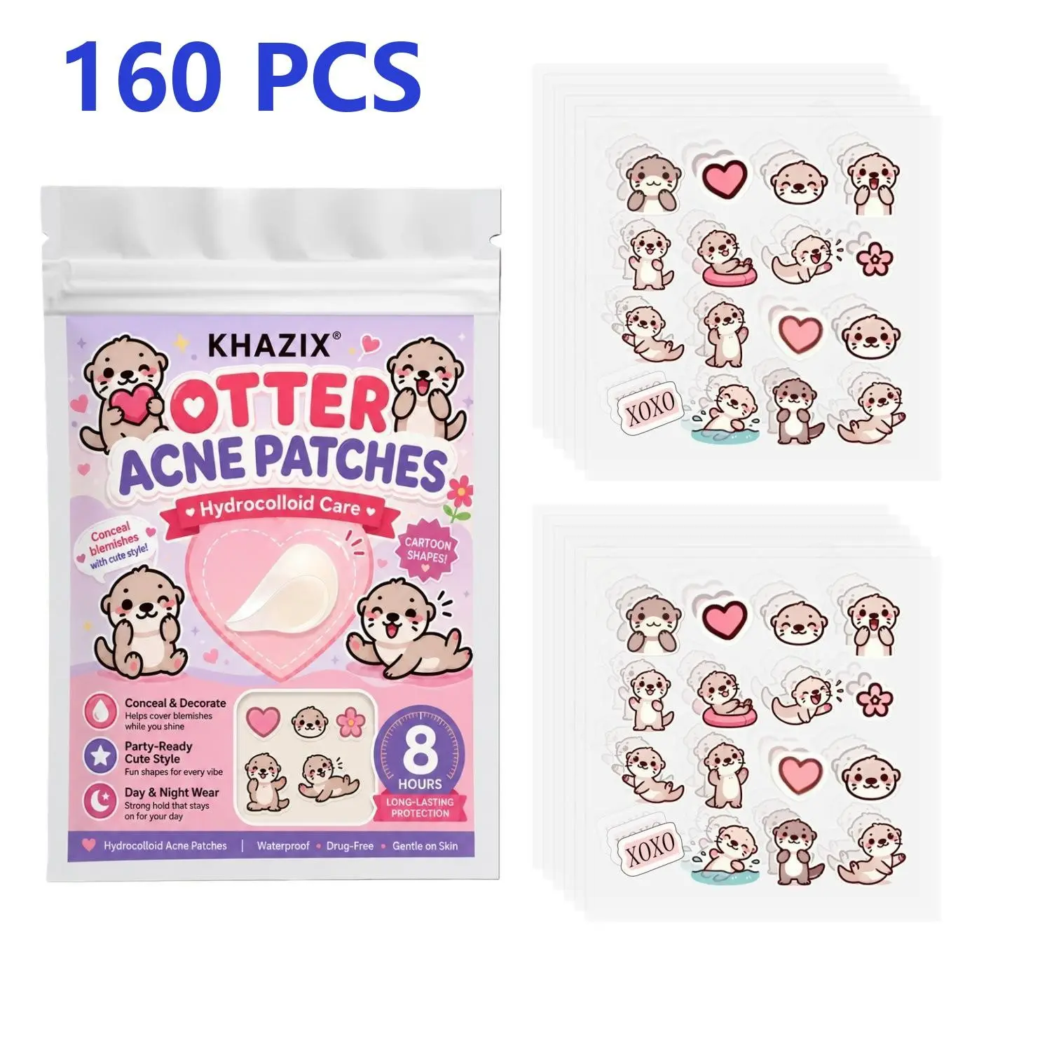 Hydrocolloid Acne Patches 160count, Otter Cartoon Pimple Patch for Face, Overnight Spot Treatment Waterproof Gentle, Covering Zits and Blemishes with Salicylic Acid, Tea Oil & Centella, Cruelty Free
