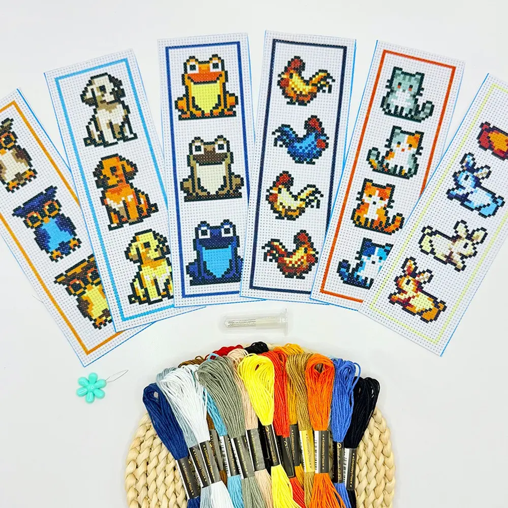 6-Piece Cartoon Animal Cross Stitch Bookmark DIY Kit, Beginner-Friendly Sewing Craft Set, Includes Stencils, Threads, Tools, Instructions, Cross Stitch Kits