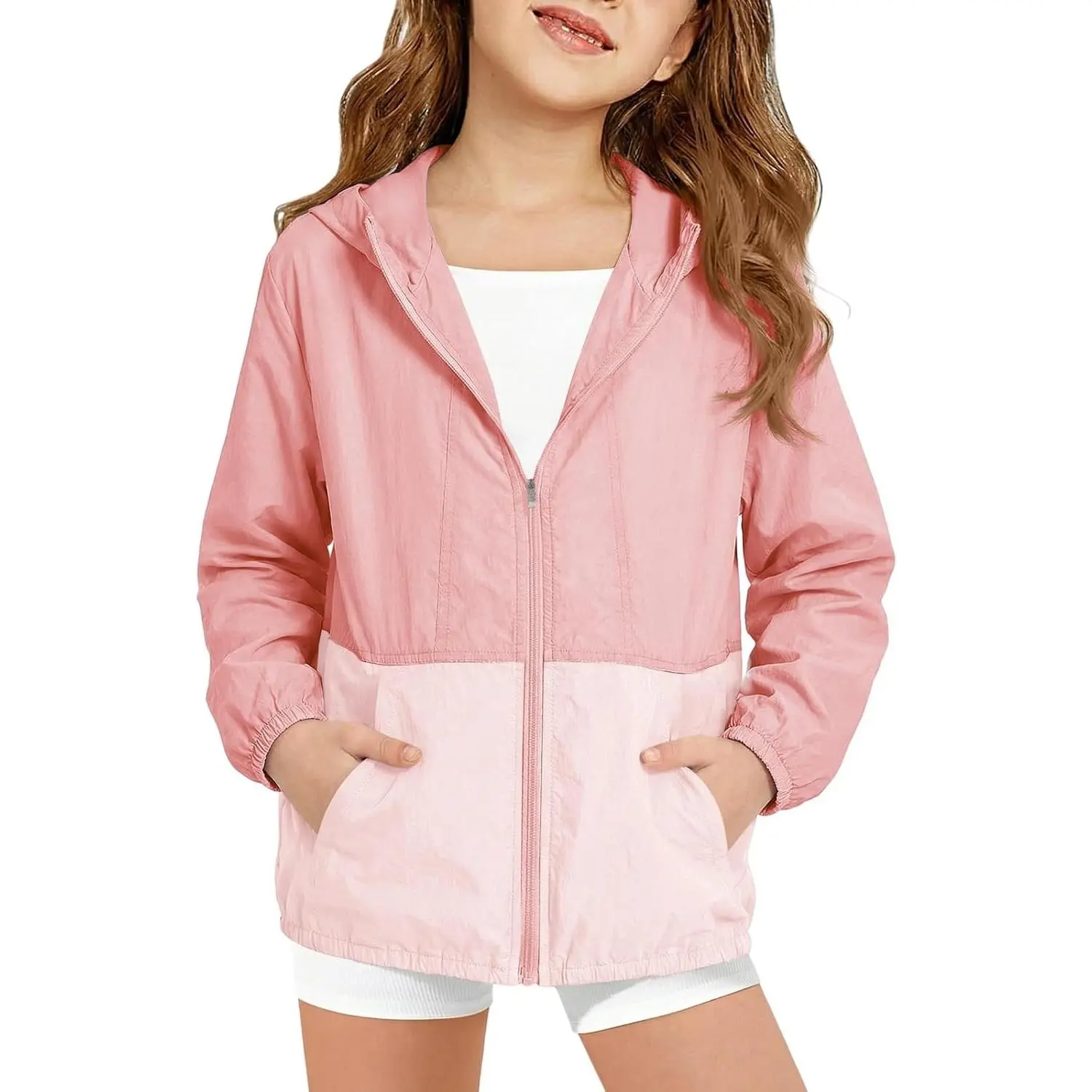 Girls' Hooded Color Block Kids' Wear, Lightweight Sunproof Sun Protection Jackets for 5-14 Years, Children