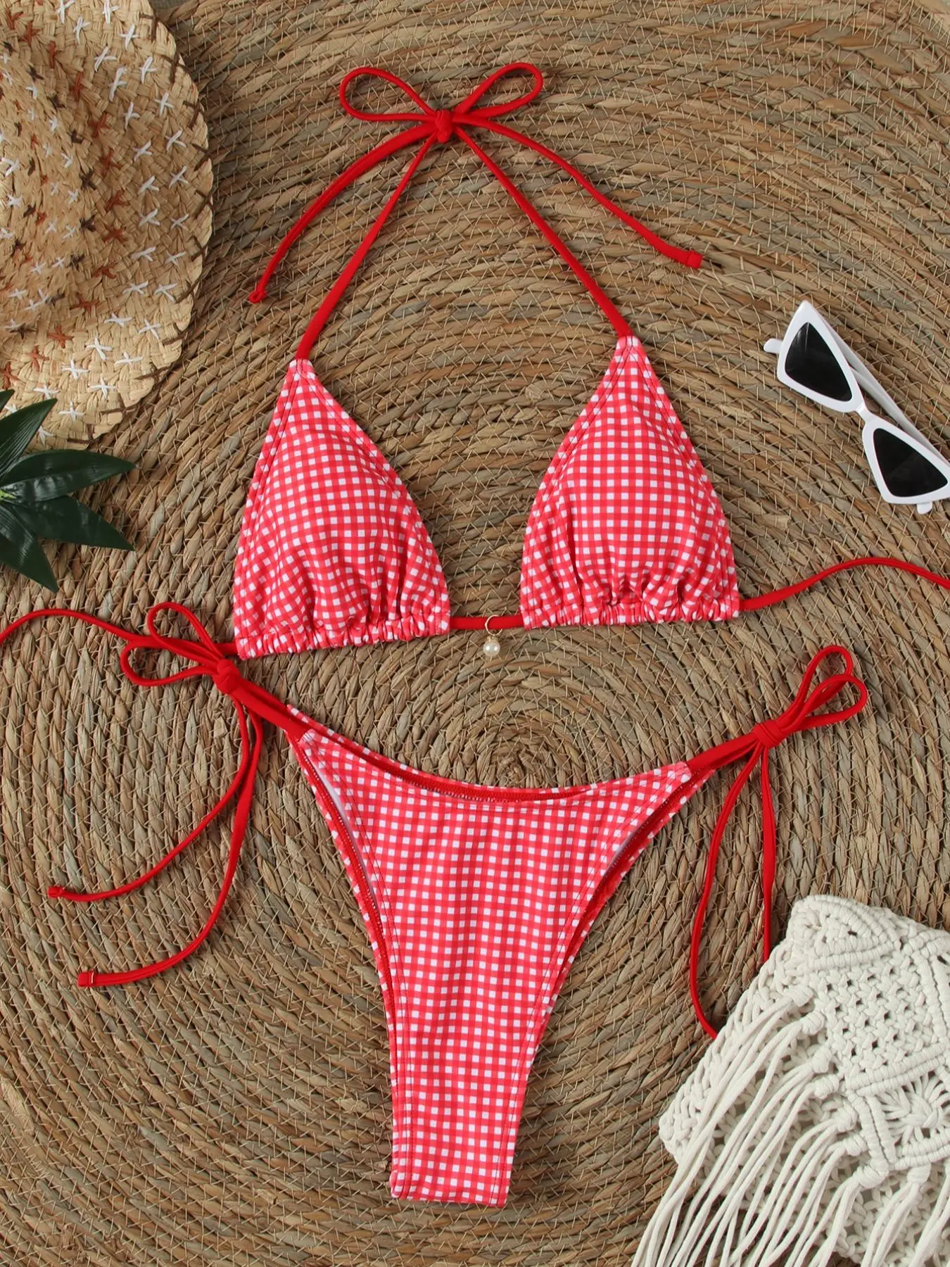 Two-Piece Set, Bikinis Sets Women's Plaid Print Halter Neck Bikini Set, Tie Back Swim Top & Tie Side Swim Bottom Swimsuit for Beach Vacation, Summer Ladies Beachwear