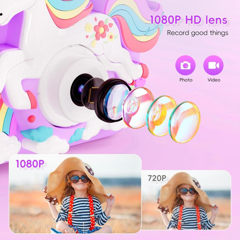 Multifunctional Camera with 5 Puzzle Games, Cute Unicorn Silicone Case, 1080P HD Lens, Home Selfie Photos, Video Recording, Birthday Gift