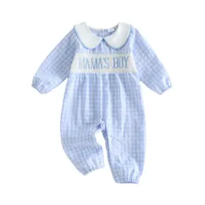 Infant Baby Boy Plaid Romper Long Sleeve Letter Embroidery Bodysuit Fall Winter 0-18 Months