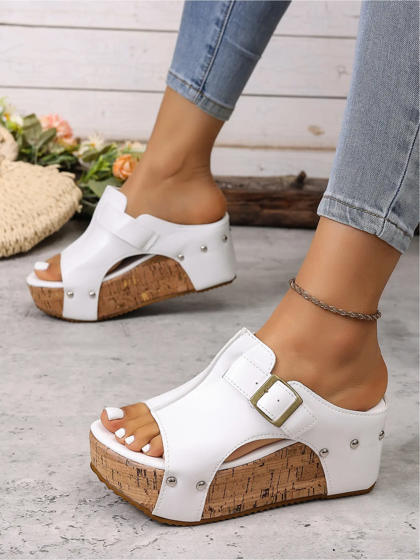 Versatile Daily Side Cutout Studded Buckle Platform Wedge Slides, Open-Toe Summer Women's Shoes, Elevated Embellished Sandals