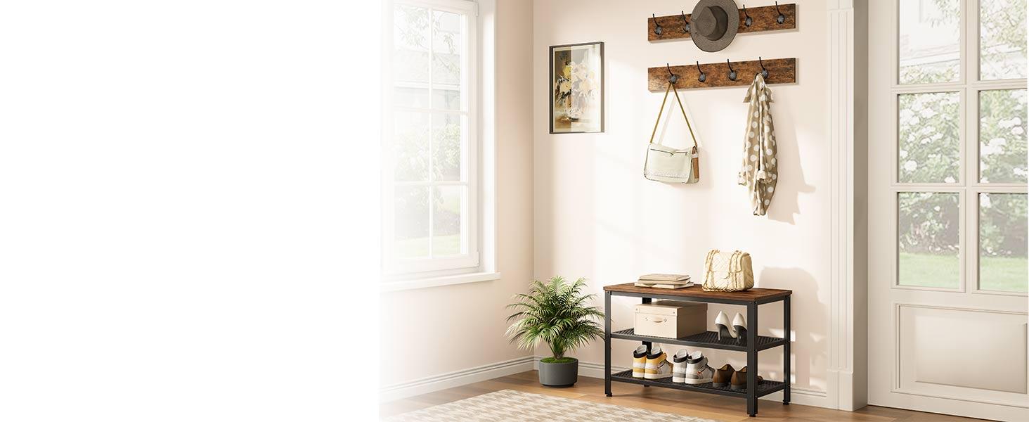 Hall Tree Entryway Storage Bench, Coat Rack Shoe Bench, Shoe Rack Organizer with Coat Hooks, 3-in-1 Design, Wooden Furniture with Metal Frame, Rustic Brown and Black