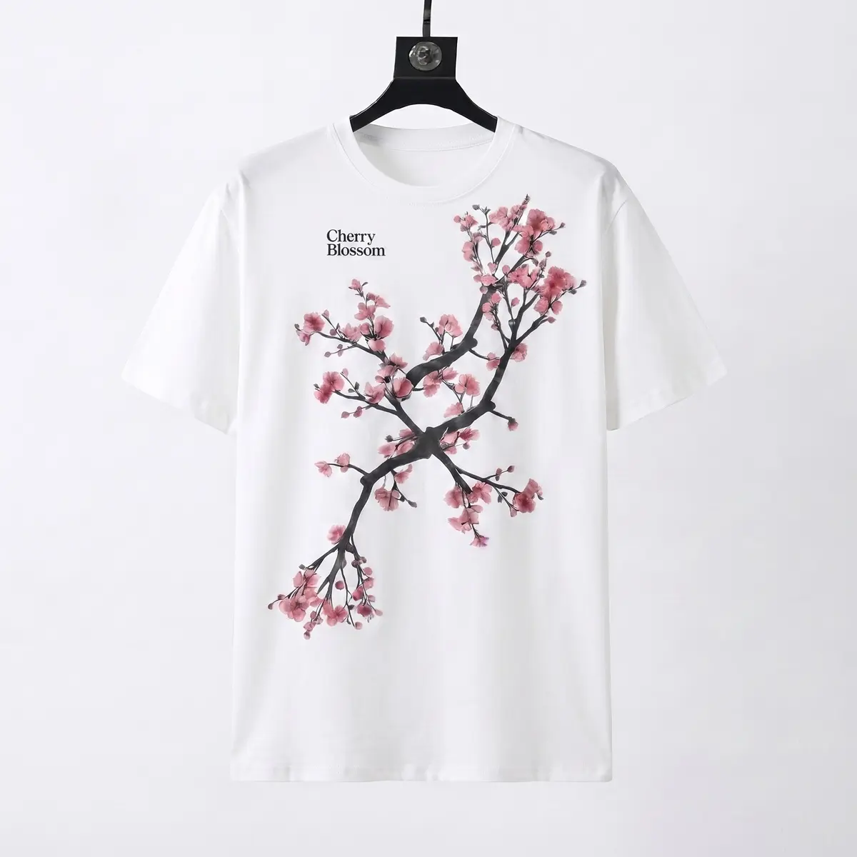 Cherry Blossom Print T-shirt |     Japanese-style aesthetic floral branch black short-sleeve shirt |     Retro street style solid color tops for both men and women