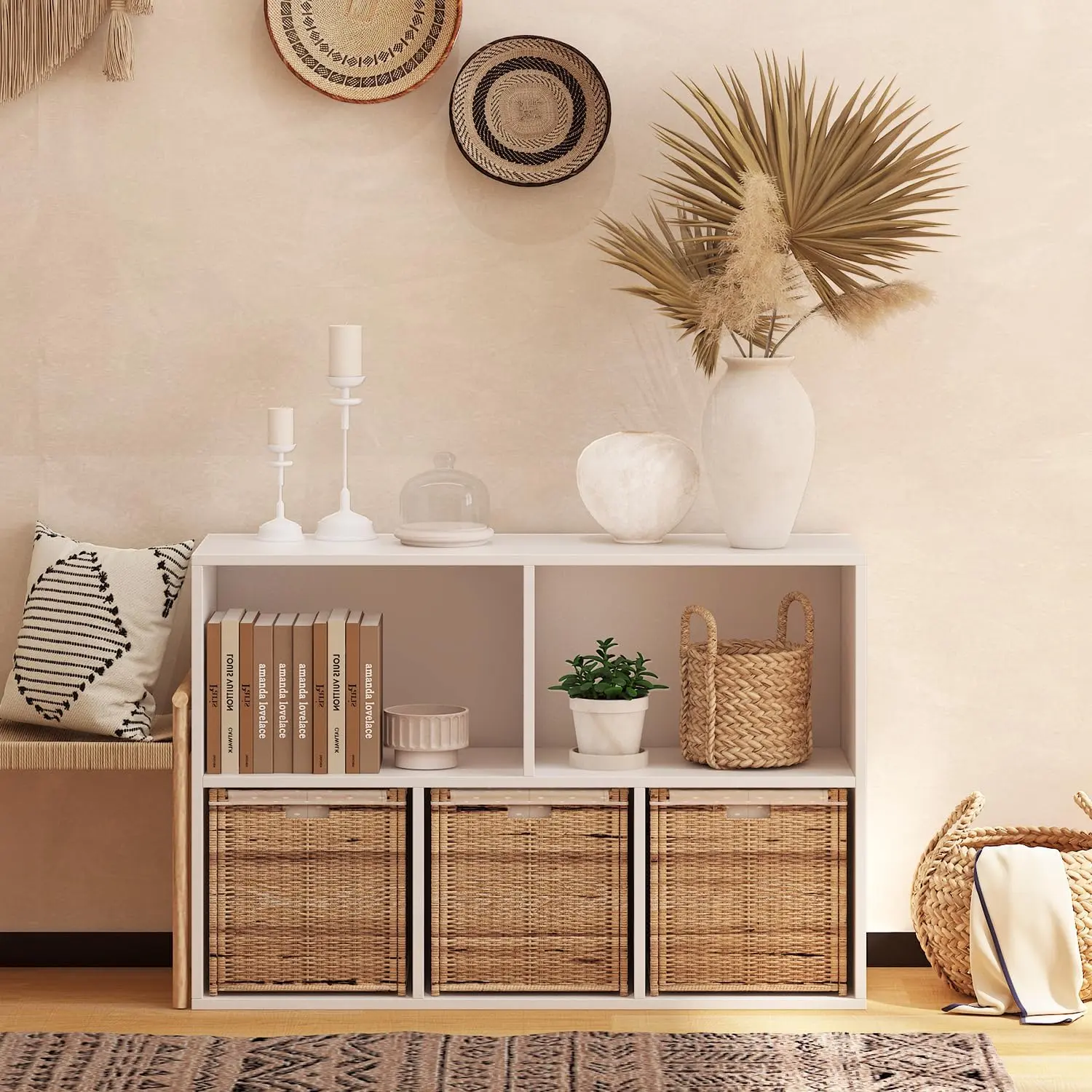 Wooden 5 Cube Storage Organizer with Closed  Panel,White Cube Shelf Heavy Duty Cubby Storage Organizers with Compartments for Living,Display Shelf,Bookshelf,Storage Furniture