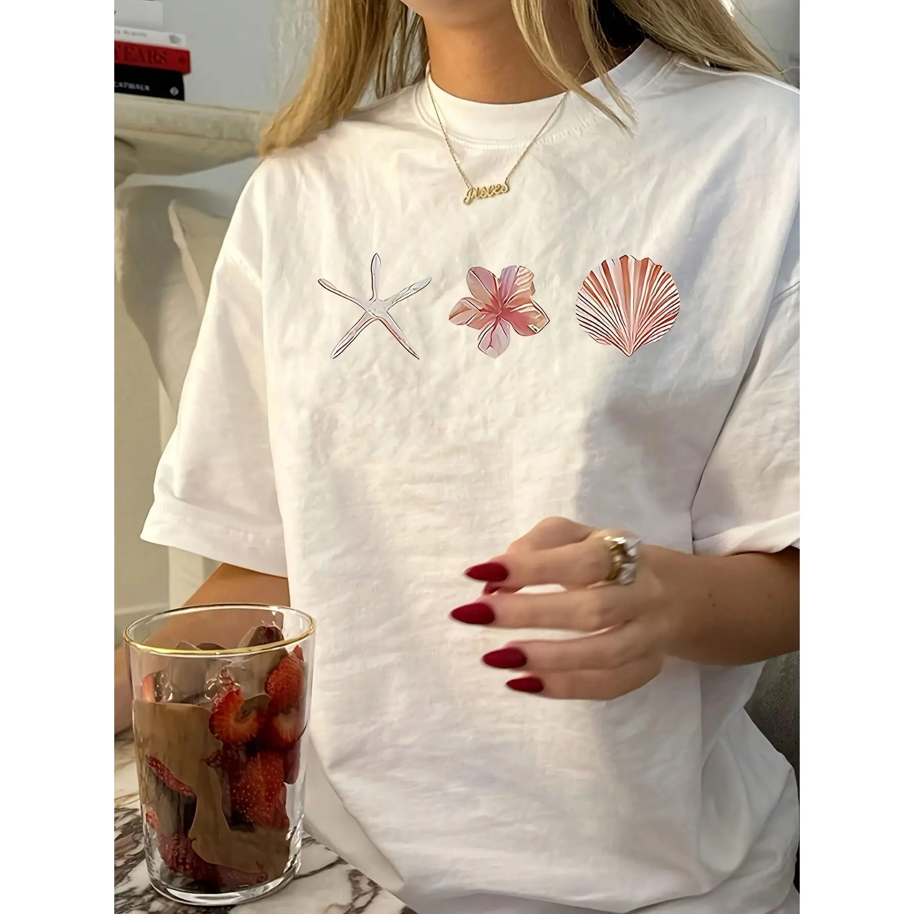 Women's Casual Polyester Short-Sleeve Sports Top - Round Neck, Starfish & Shell Print, Soft White Summer Outdoor Wear, Starfish Print