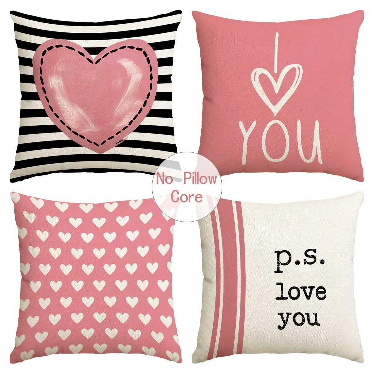 4pcs Valentine's Day Pillow Cover, Pink Heart shaped I Love You Printed Cushion Cover, Valentine's Day Decoration, Bedroom Decorative Accessories, Valentine's Day, Living Room Sofa Bedroom Seat Decoration Pillow Cover (without pillow core)