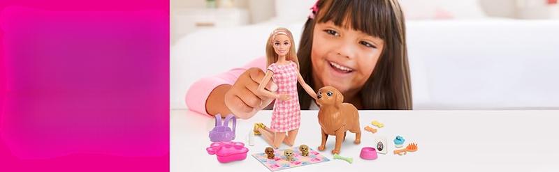 Barbie Doll & Pets Set, Blonde with Mommy Dog, 3 Newborn Puppies with Color-Change Feature & Pet Accessories