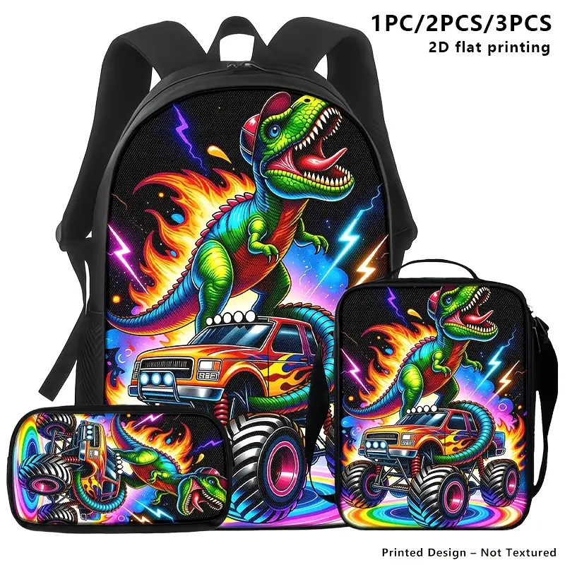 1pc/3pcs Backpack Storage Bag Shoulder Bag, Neon T-Rex on Monster Truck with Flames And Lightning; Bold Streetwear Vibe for Trendsetters; Ideal for Travel, Outdoor, And Daily Use