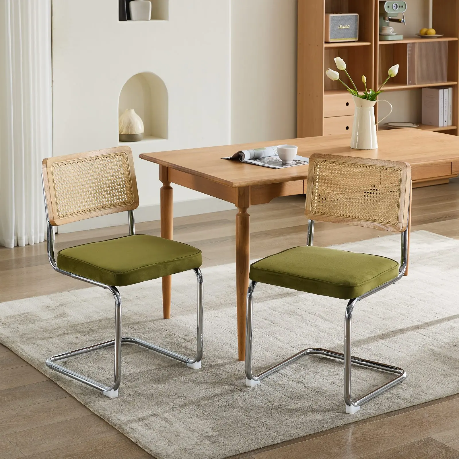 ARCH Mid Century Modern Dining Chairs Set of 2 Velvet Upholstered Accent Chairs with Natural Cane Back and Stainless Chrome Cantilever Base Breuer Style Kitchen Chairs Olive Green, Olive Green Color Options, Velvet Material, Classic Style