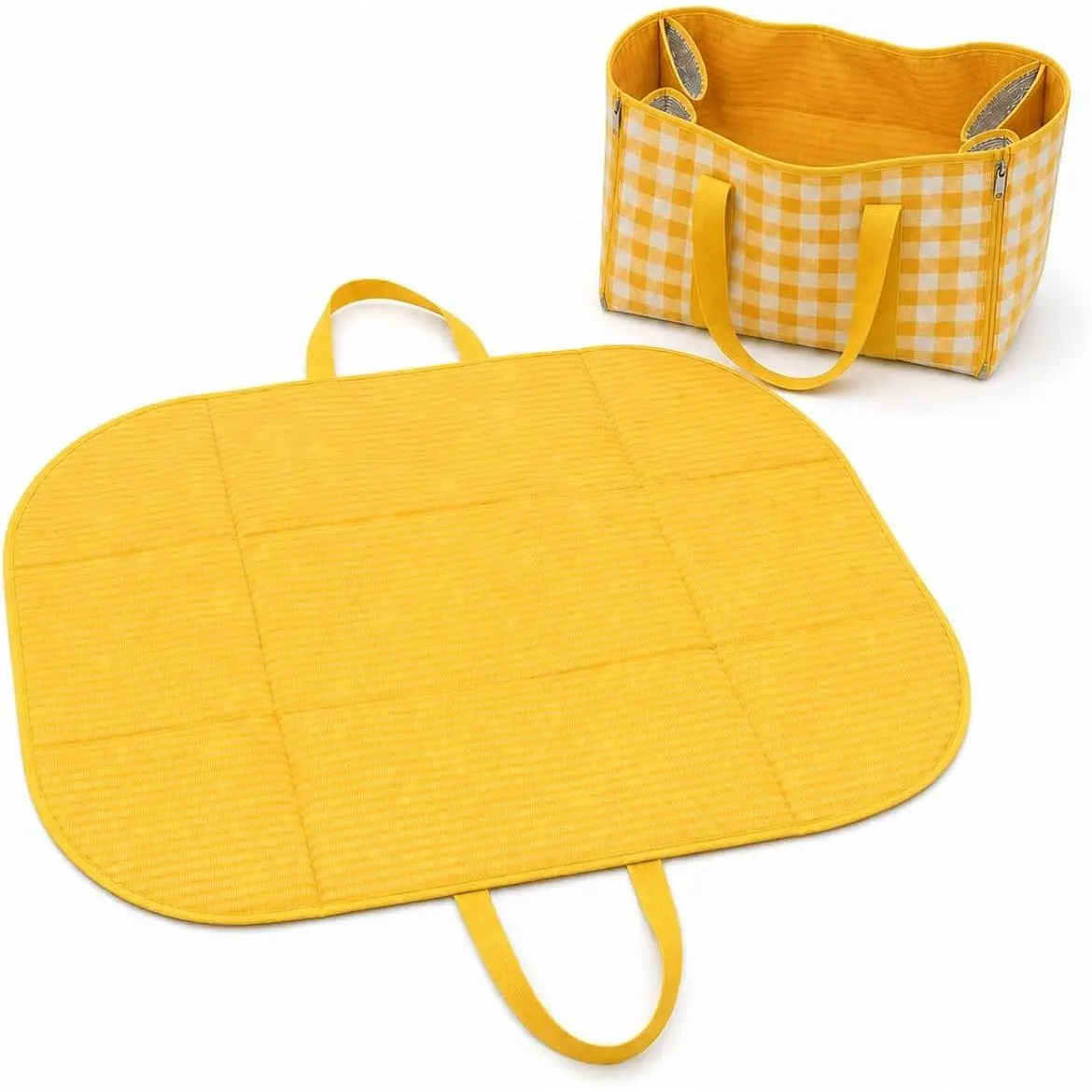 2-in-1  Picnic Blanket and Tote Bag, Foldable 3-Layer Outdoor Mat, Sand-Free, for Camping, Grass, and Park (Yellow)