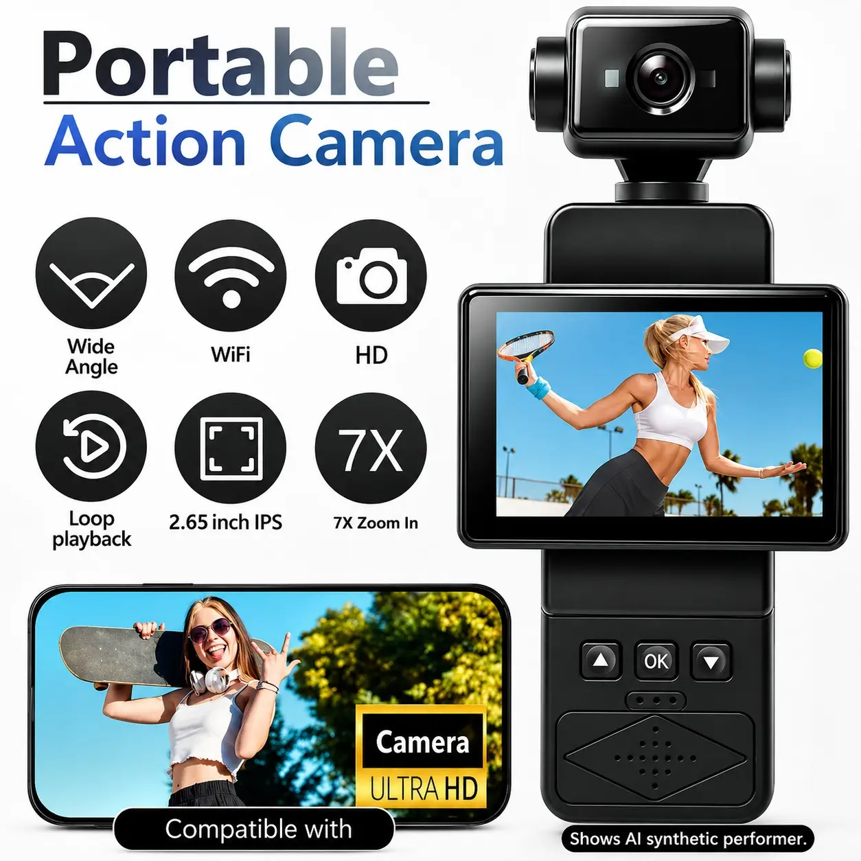 Action Camera, Pocket Vlogging Camera HD with 2.65" Screen，270° Rotating Lens，Portable WiFi Body Camera for Travel Hiking Cycling, Wearable Clip, Best Gift, Outdoor Action Camera