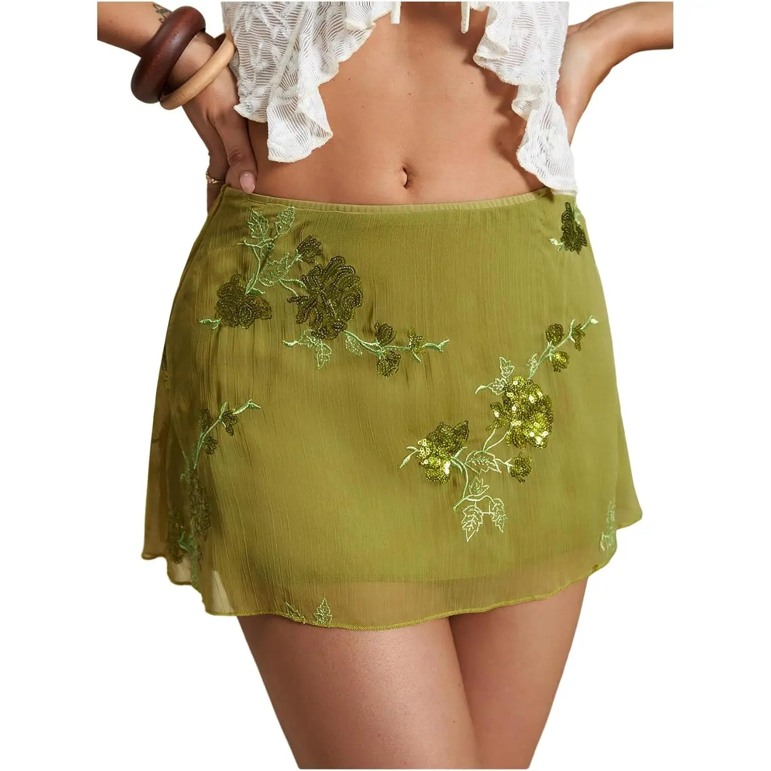 SweatyRocks Women's Sequin Mini Skirt Y2K Sparkly Beaded Floral Embroidery Skirts