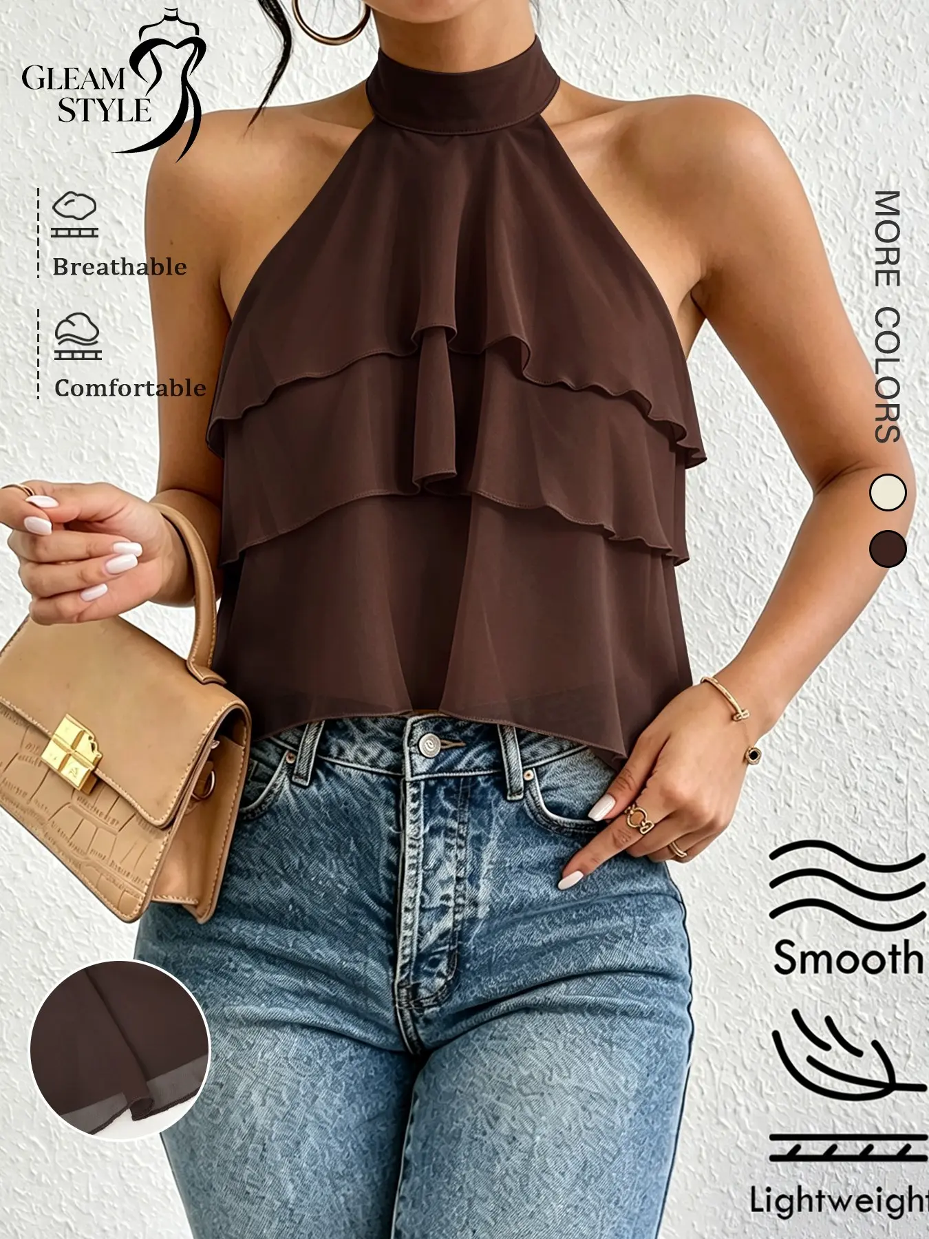 2026 European Style Sexy Halter Top, Plain Color Sleeveless Asymmetrical Ruffle Blouse, Fashion Fitted All over Print Unlined Shirt, Chic, Breathable, Lightweight, Smooth