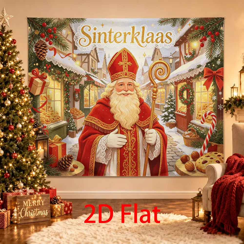 Sinterklaas Holiday Backdrop, Saint Nicholas Cozy Snow Village Gifts Candy Cane Winter Party Photo Background
