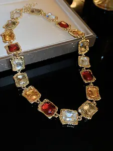 Luxurious Golden Edge Geometric Shiny Crystal Necklace, Bling Bling Faceted Gem Look Rich Statement Necklace, Vintage Immtation Jewelry for Women, High Quality Sparkling Collar Jewelry for Party and Daily Wear, Gift for Her