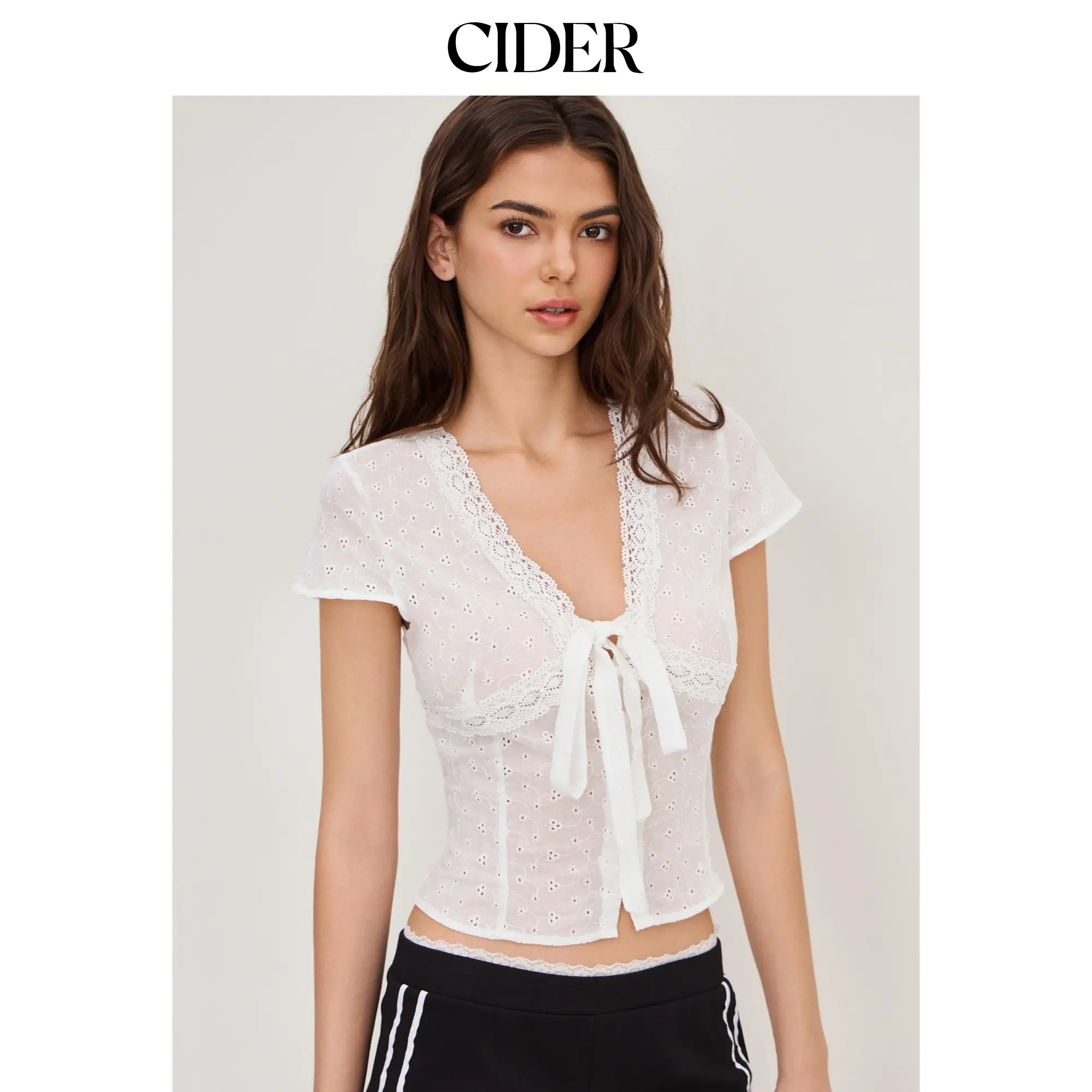 Cider V-neck English Embroidery Bowknot Blouse Cider V-neck English Embroidery Bowknot Blouse